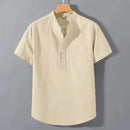 Camiseta Masculina Casual com Gola Padre | Manga Curta | Algodão Leve e Respirável | Estilo Básico com Bolso